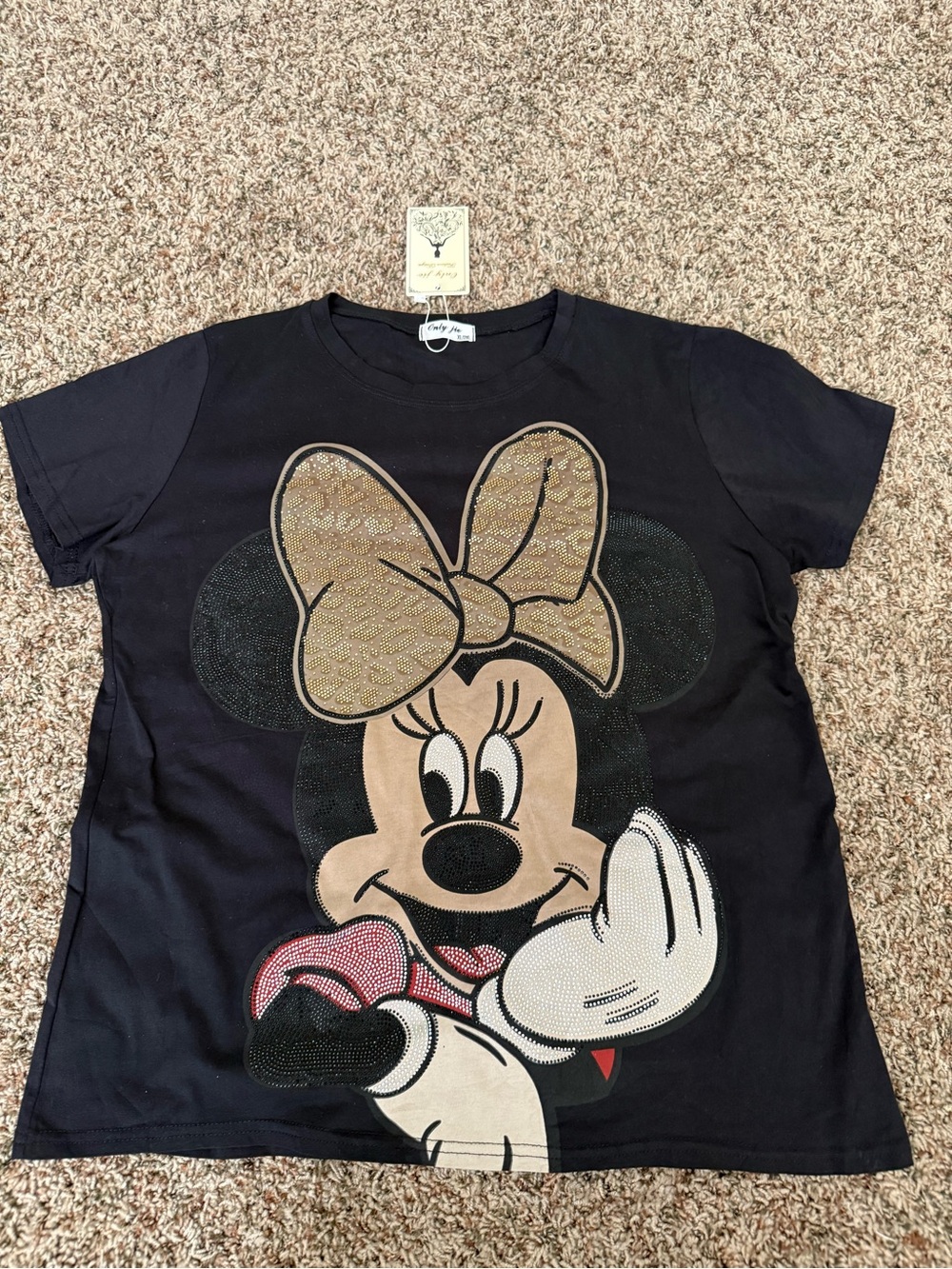 Womensโ Black Minnie Mouse Graphic Tee with Gold Bow with rhinestones